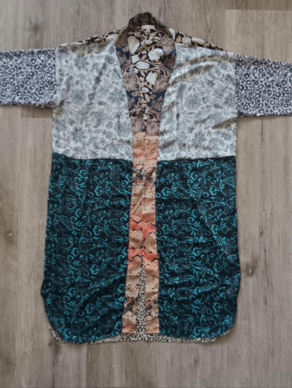 Karma Highway Mixed Patchwork Print Kimono Duster OS Satin Open Front Festival